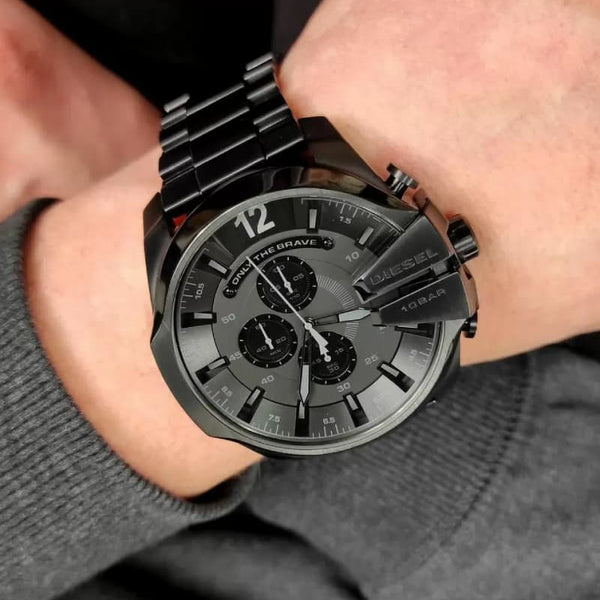 Diesel Mega Chief Chronograph Black Dial Black Steel Strap Watch For Men DZ4355