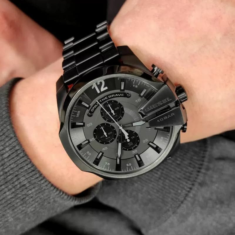 Diesel Mega Chief Chronograph Black Dial Black Steel Strap Watch For Men DZ4355