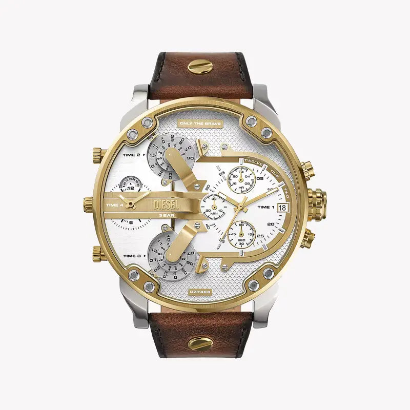 Diesel Men's Silver & Gold Watch, Brown Leather Band | Dz7483