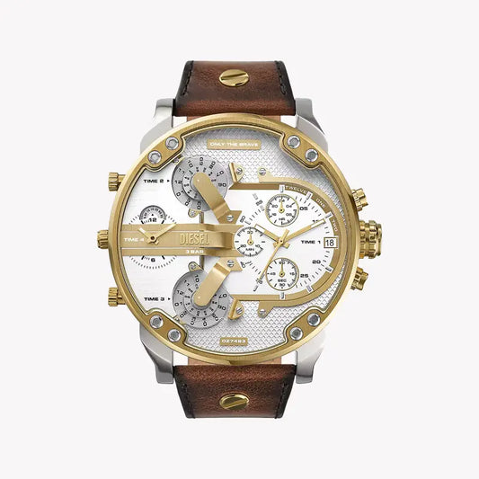 Diesel Men's Silver & Gold Watch, Brown Leather Band | Dz7483