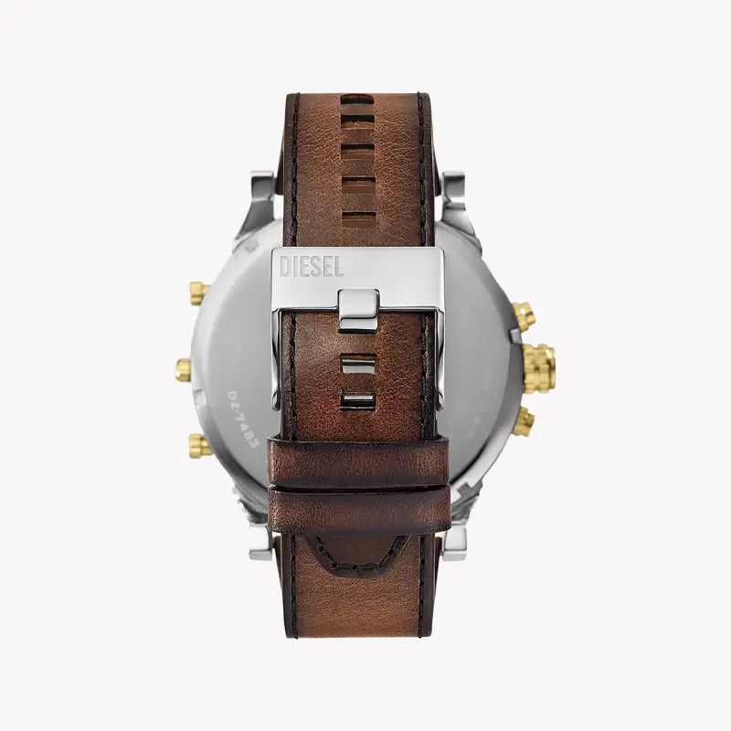 Diesel Men's Silver & Gold Watch, Brown Leather Band | Dz7483