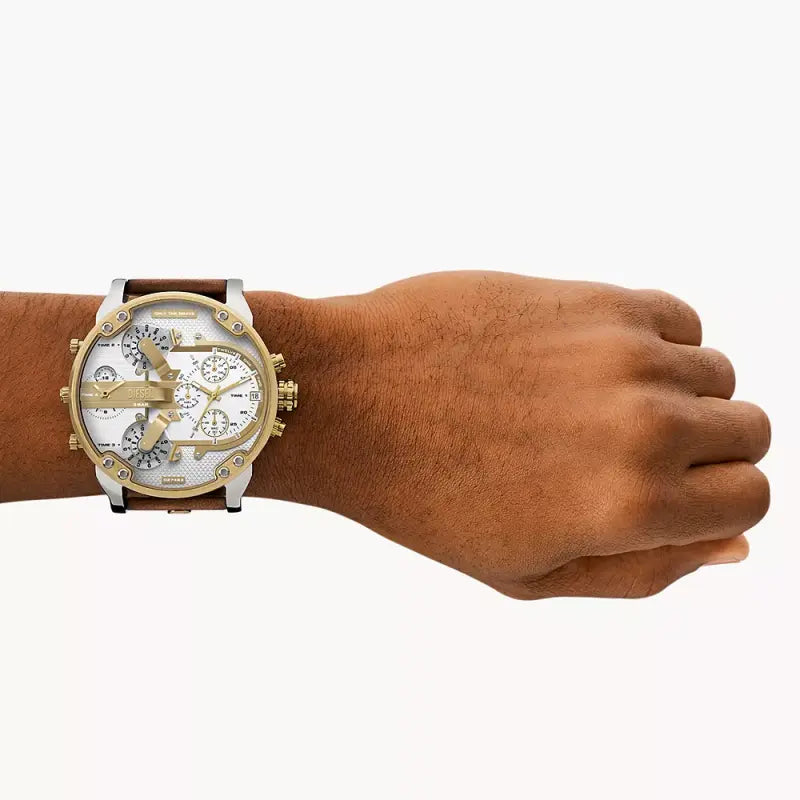Diesel Men's Silver & Gold Watch, Brown Leather Band | Dz7483