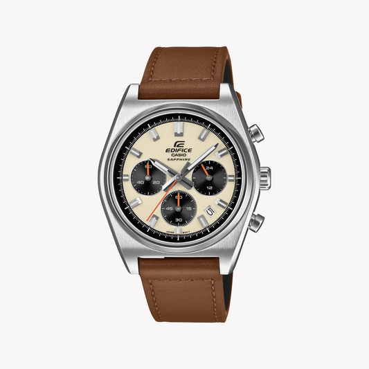CASIO EDIFICE Men's Silver/Brown, Stainless Steel/Leather | EFB-730L-7AVUEF