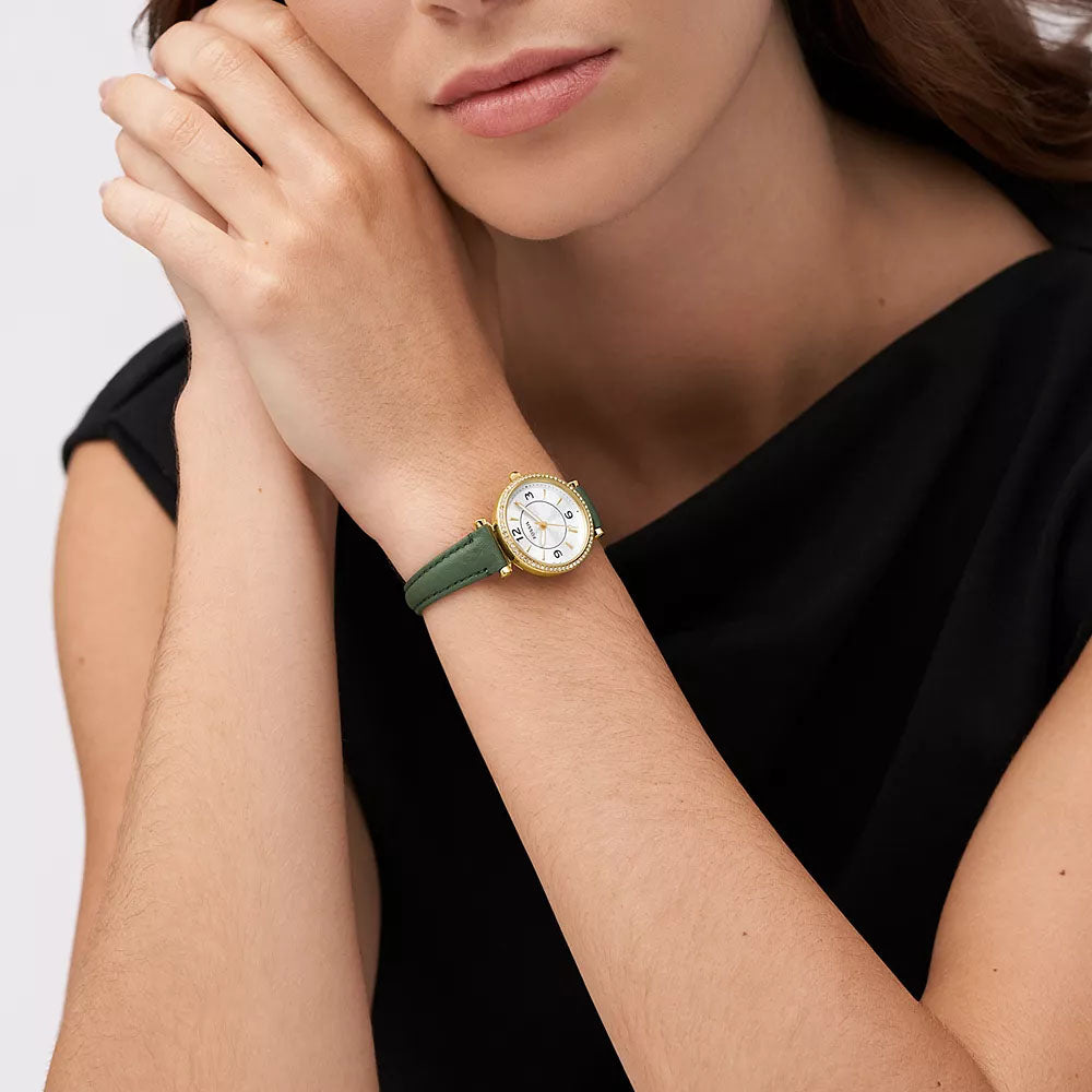 Fossil Women's Green Leather & Gold Stainless Steel Watch Es5298