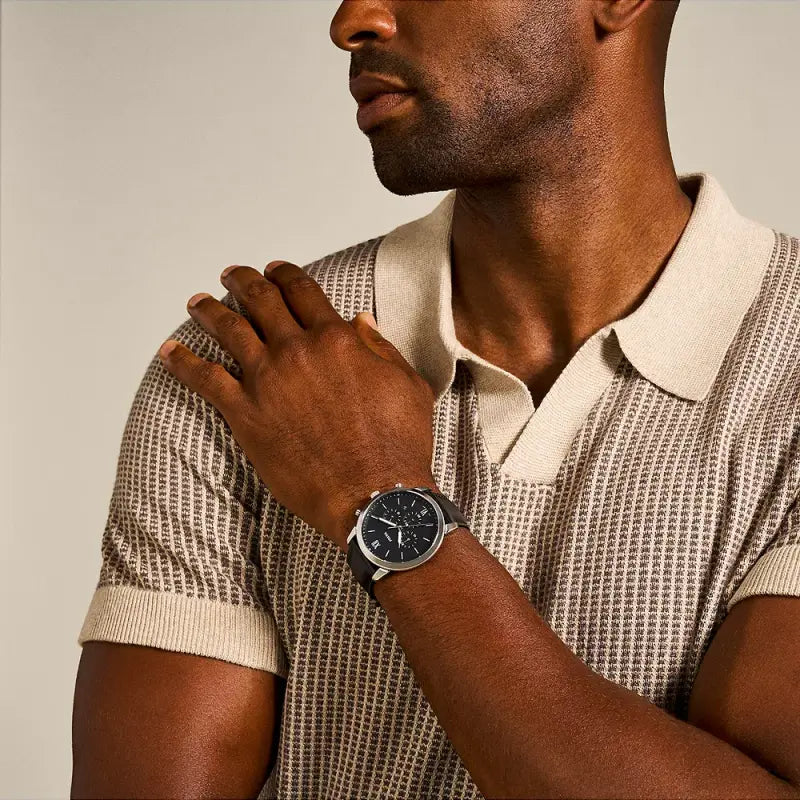 Fossil Men's Silver Stainless Steel, Black Leather | Fs5452