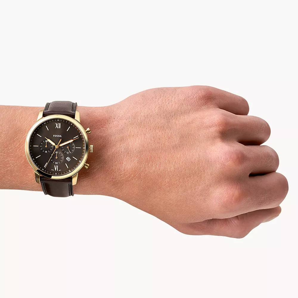 Fossil Men's Gold Stainless Steel, Dark Brown Leather | Fs5763