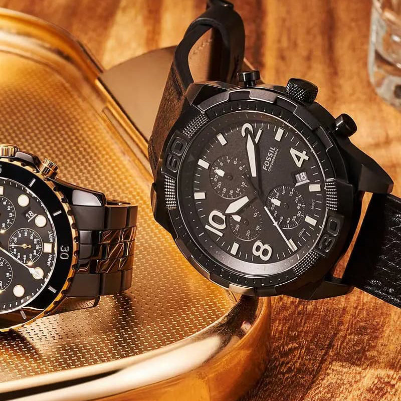 Fossil Bronson Chronograph Black Dial Black Leather Strap Watch for Men