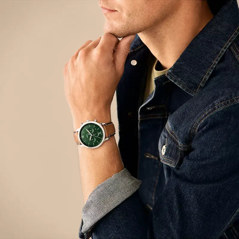 Fossil Men's Silver Stainless Steel, Brown Leather | Fs5963