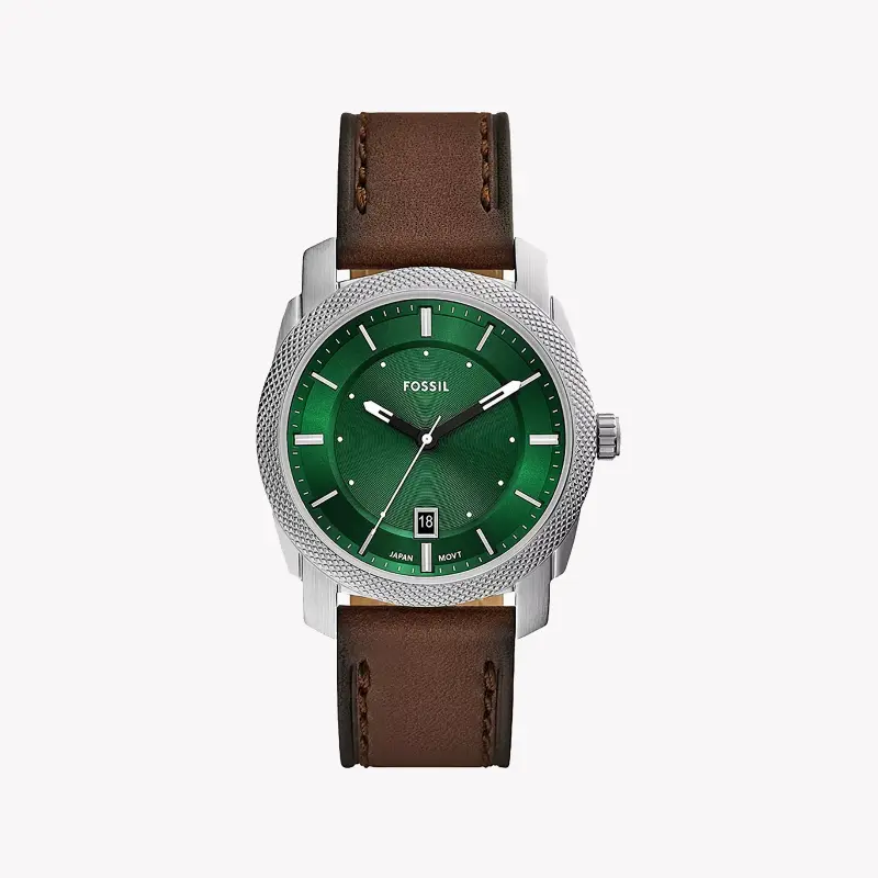 Fossil Men's Silver & Brown Leather Watch, Dark Green Dial | Fs6085