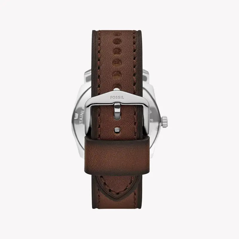 Fossil Men's Silver & Brown Leather Watch, Dark Green Dial | Fs6085