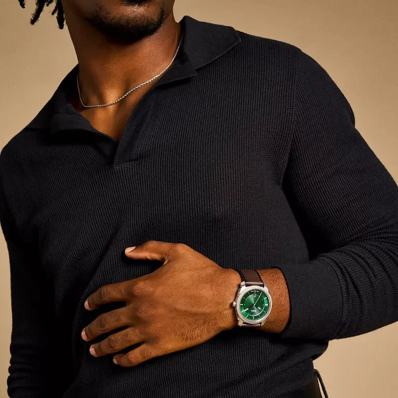 Fossil Men's Silver & Brown Leather Watch, Dark Green Dial | Fs6085