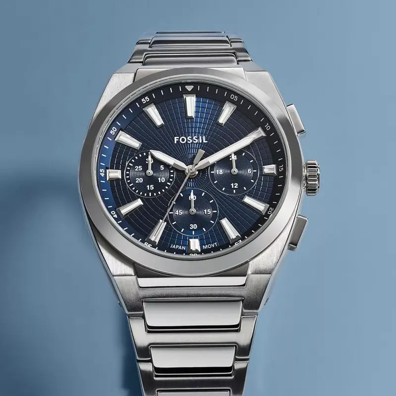 Fossil Men's Silver Watch, Dark Blue Dial | Fs6104