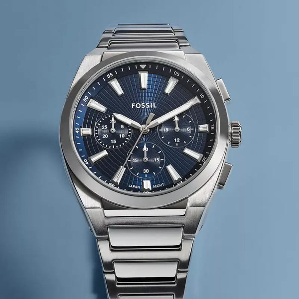 Fossil Men's Silver Watch, Dark Blue Dial | Fs6104