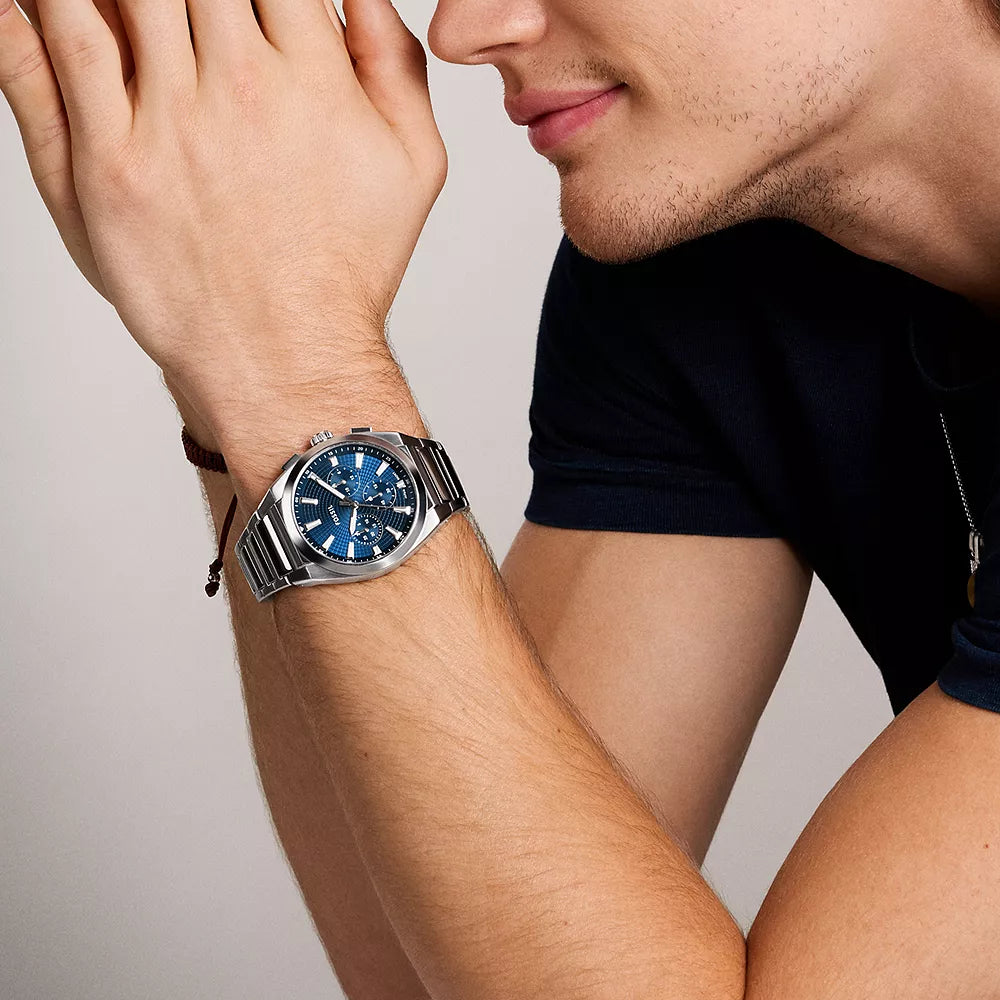 Fossil Men's Silver Watch, Dark Blue Dial | Fs6104