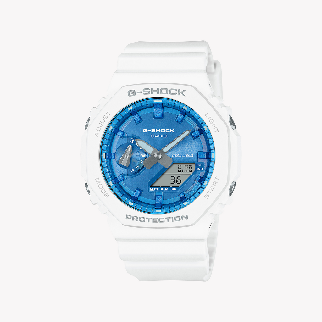 CASIO G-SHOCK GA-2100WS-7AER – HERRENUHR IM ABENTEUERBEREIT-STIL MIT WEISSEM BAND UND BLAUEM ZIFFERBLATT