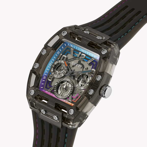 GUESS PHOENIX Multifunction (42mm) Skeleton Dial / Black Silicone Strap