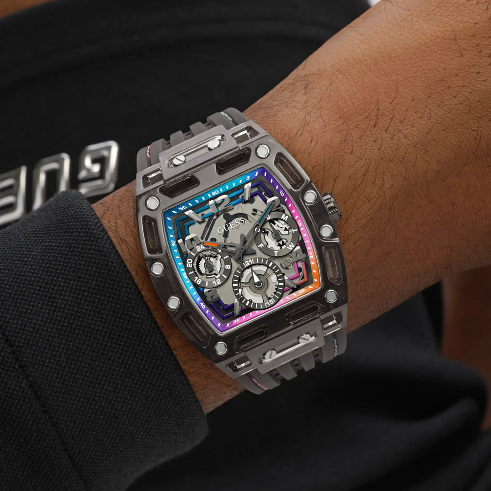 GUESS PHOENIX Multifunction (42mm) Skeleton Dial / Black Silicone Strap