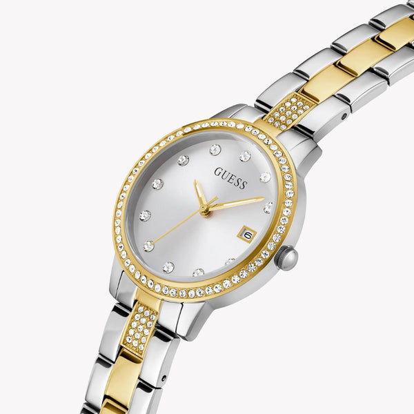 GUESS Heartless Women's Analog Quartz Watch with Two-Tone Stainless Steel Strap, 34mm Case