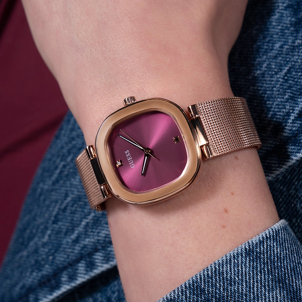 GUESS Women's Rose Gold Stainless Steel Watch, Purple Dial | GW0768L3