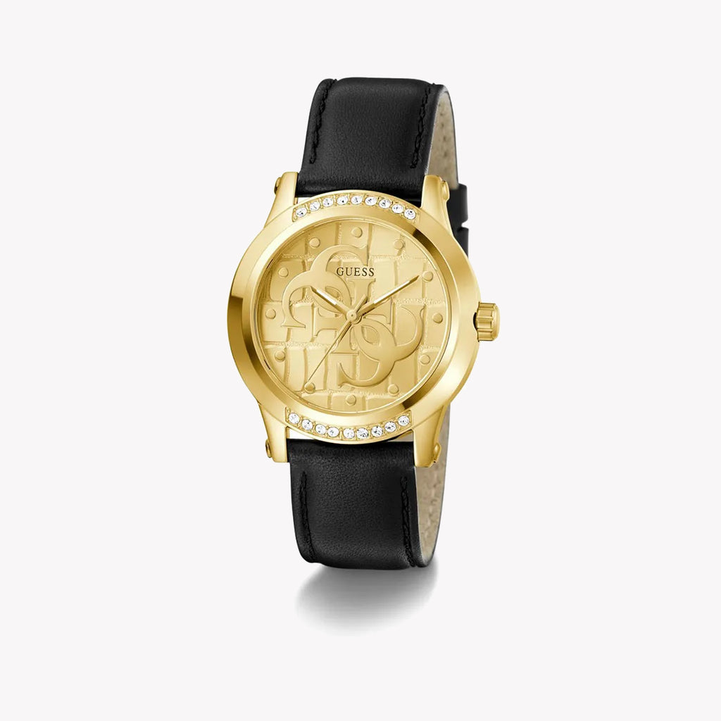 Guess Women's Gold/Black, Leather/Steel Watch | Gw0860l5