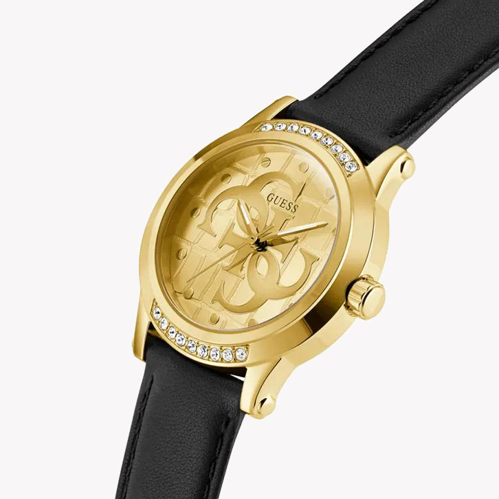 Guess Women's Gold/Black, Leather/Steel Watch | Gw0860l5