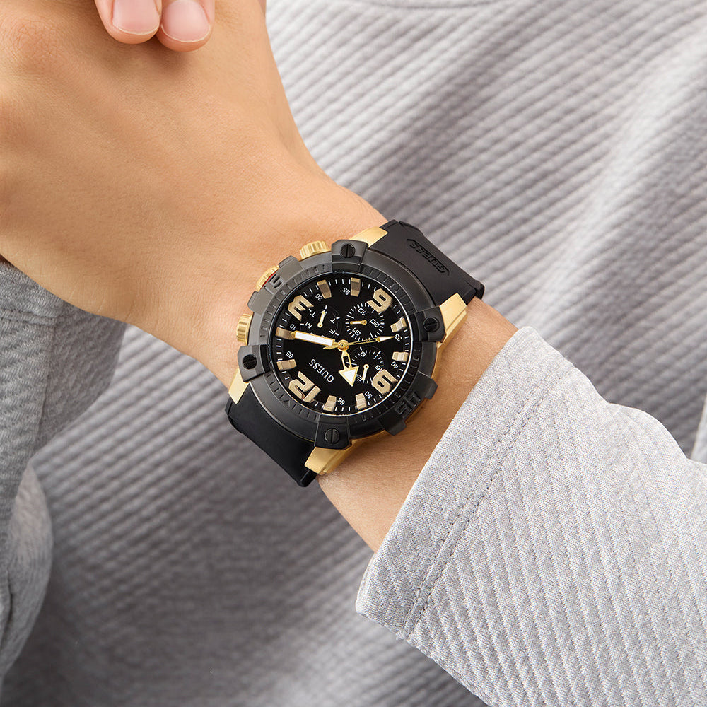 Guess Men's Gold/Black, Stainless Steel/Silicone | Gw0911g3