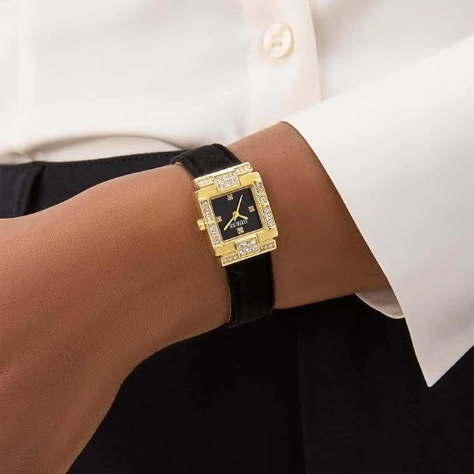 GUESS Women's Black Leather & Gold Watch | GW0923L2