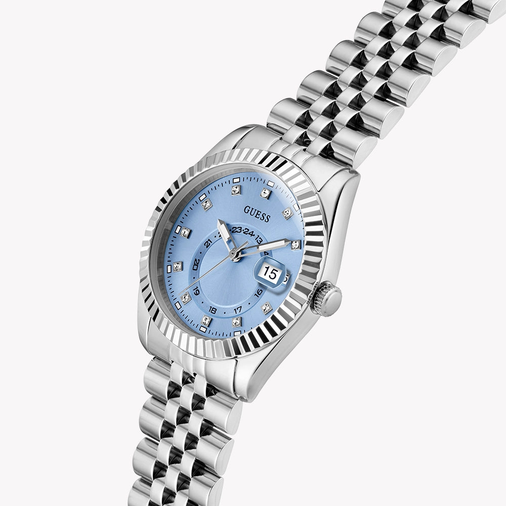 GUESS Women's Silver/Blue Recycled Steel Watch | GW0936L1