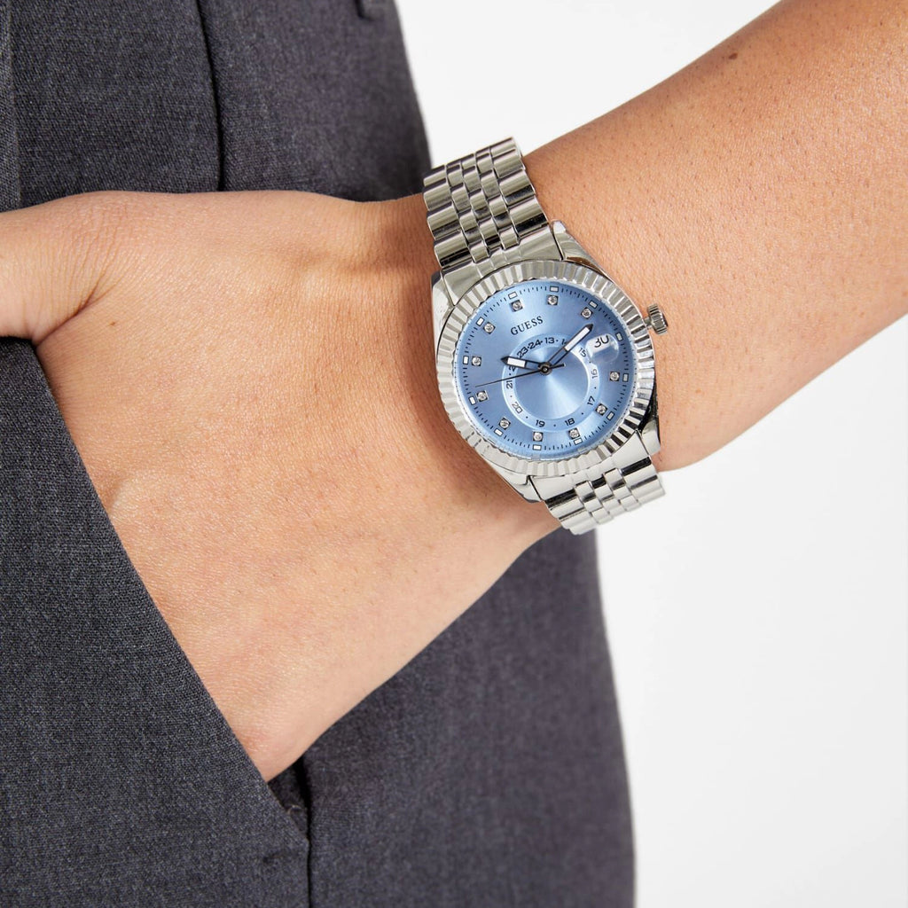 GUESS Women's Silver/Blue Recycled Steel Watch | GW0936L1