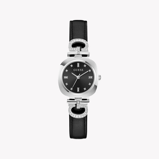 GUESS Women's Black Leather Watch, Silver Case | GW0938L1