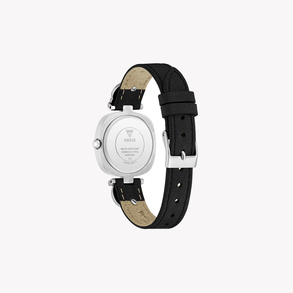 GUESS Women's Black Leather Watch, Silver Case | GW0938L1