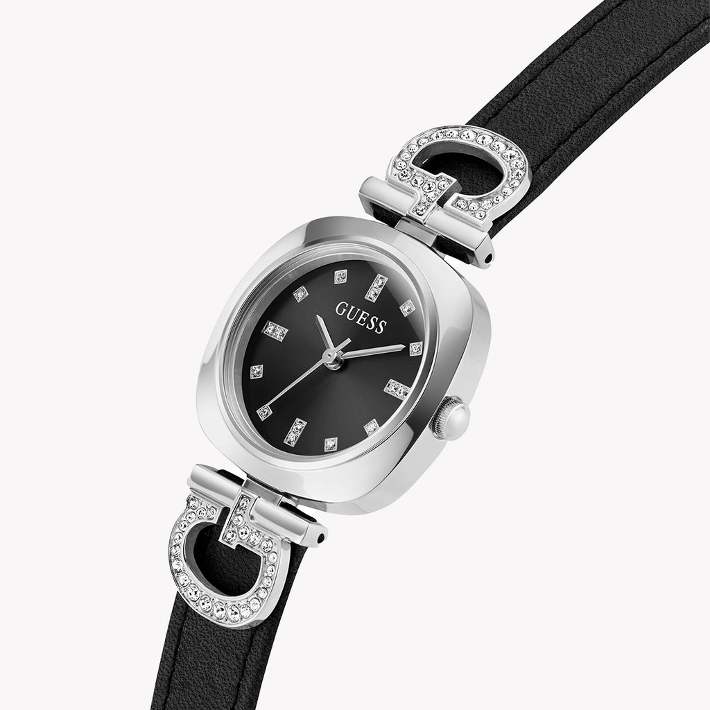 GUESS Women's Black Leather Watch, Silver Case | GW0938L1