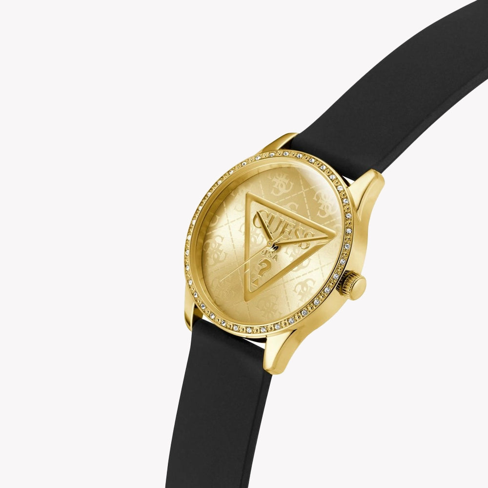 GUESS Women's Gold/Black Leather Watch, Gold Dial | GW0942L2