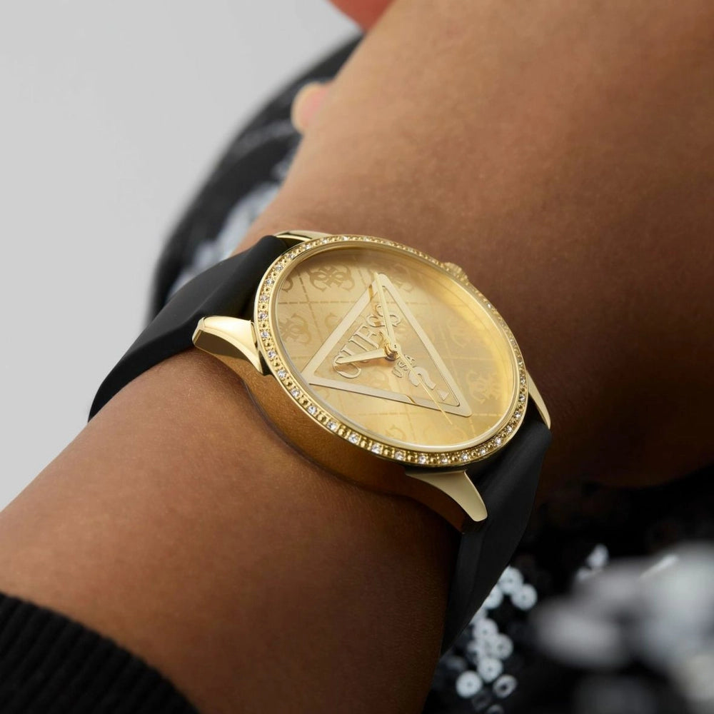 GUESS Women's Gold/Black Leather Watch, Gold Dial | GW0942L2