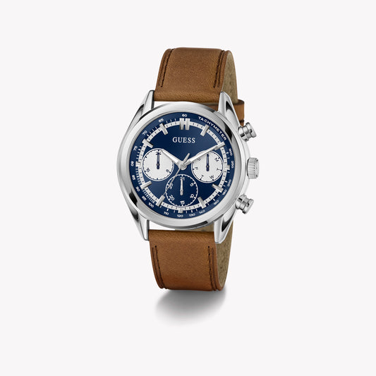 GUESS Men's Recycled Steel, Blue Dial/Brown Leather | GW0972G1