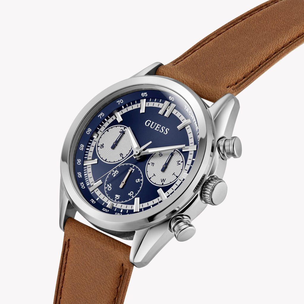 GUESS Men's Recycled Steel, Blue Dial/Brown Leather | GW0972G1