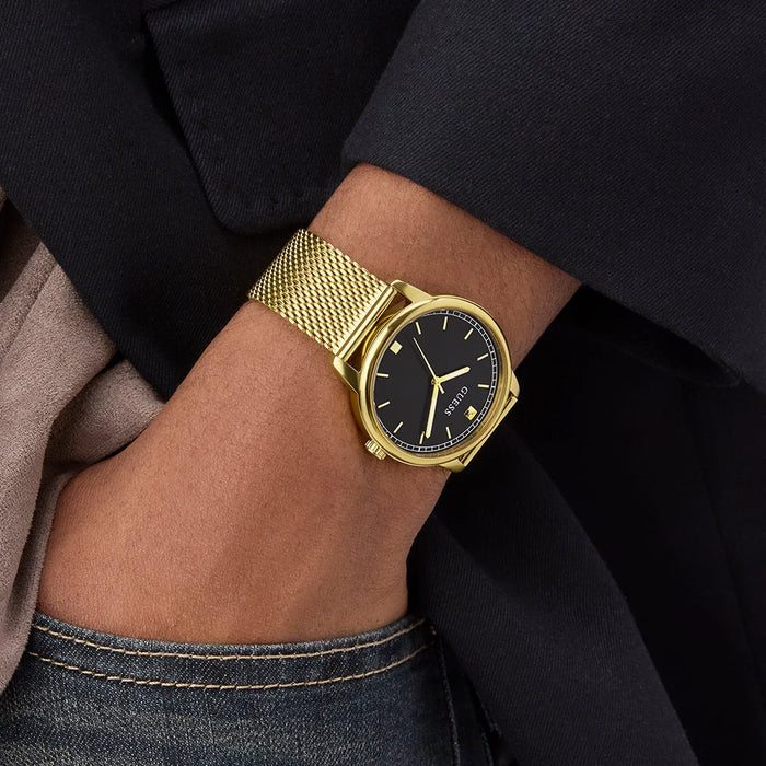 GUESS Men's Gold Watch, Recycled Steel/Black Dial | GW0974G2