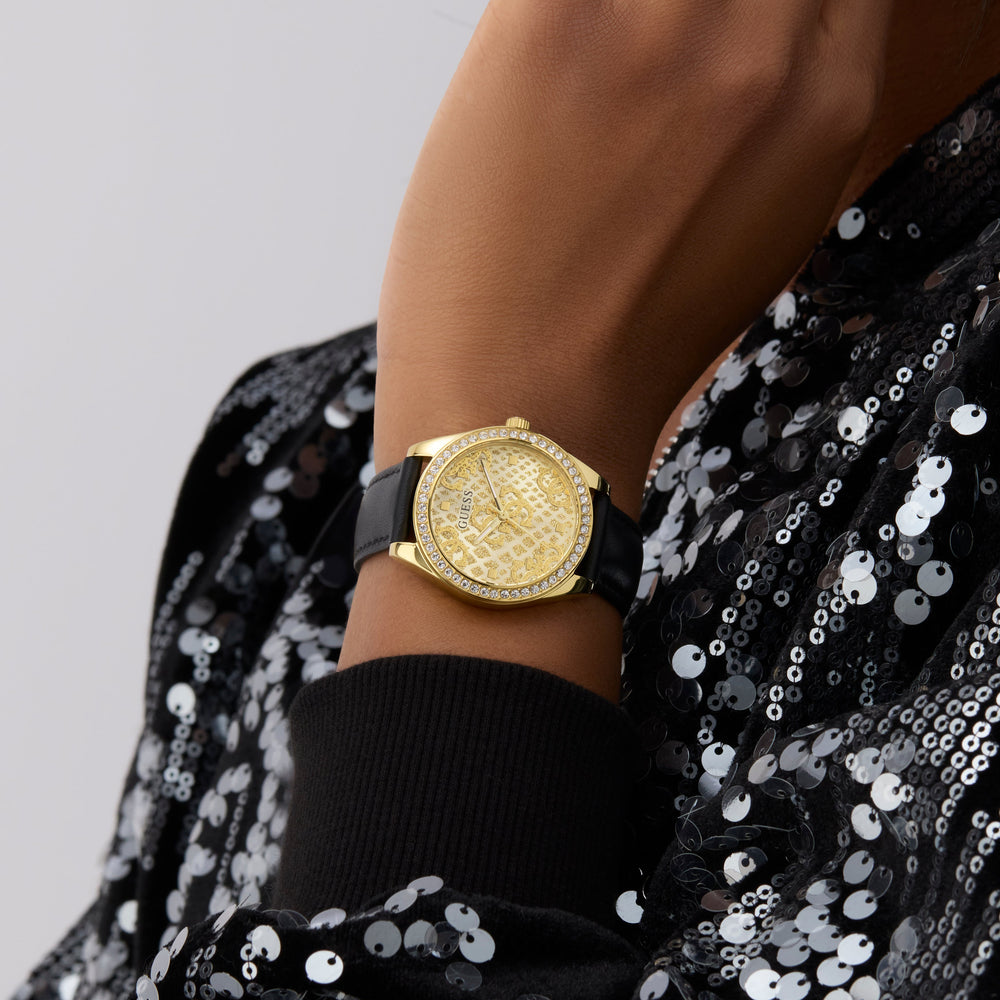 GUESS Ladies Black and Gold Tone Analog Watch