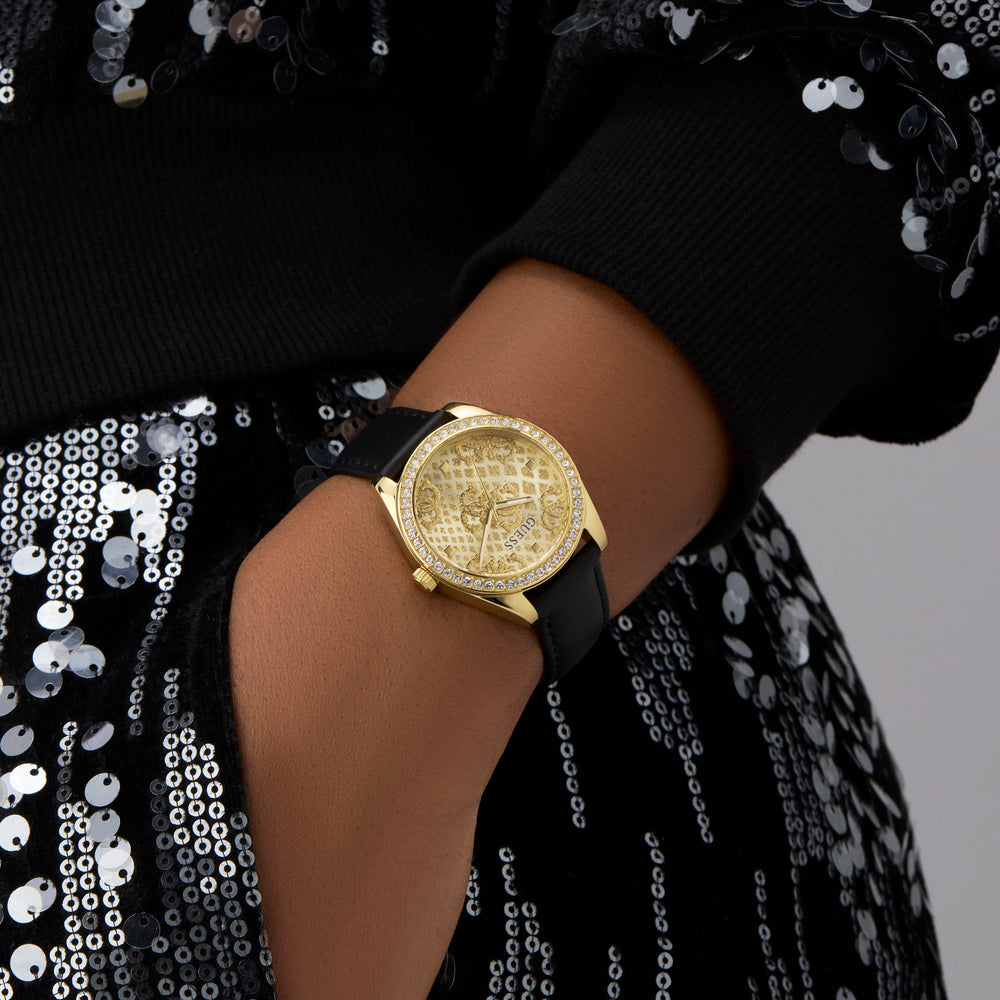 GUESS Ladies Black and Gold Tone Analog Watch