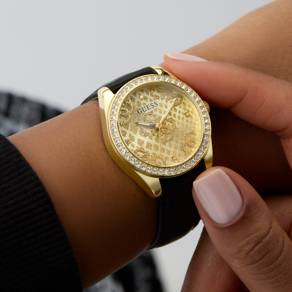 GUESS Ladies Black and Gold Tone Analog Watch