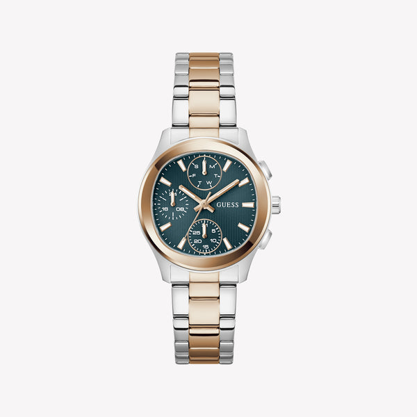 Guess Women's Watch Silver & Rose Gold Tone Case Teal Dial Multifunction Quartz