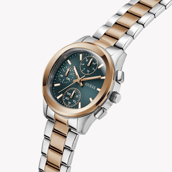 Guess Women's Watch Silver & Rose Gold Tone Case Teal Dial Multifunction Quartz