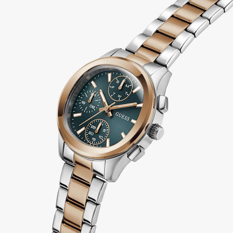 Guess Women's Watch Silver & Rose Gold Tone Case Teal Dial Multifunction Quartz