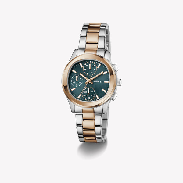 Guess Women's Watch Silver & Rose Gold Tone Case Teal Dial Multifunction Quartz