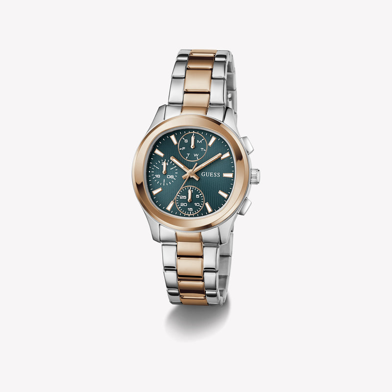 Guess Women's Watch Silver & Rose Gold Tone Case Teal Dial Multifunction Quartz