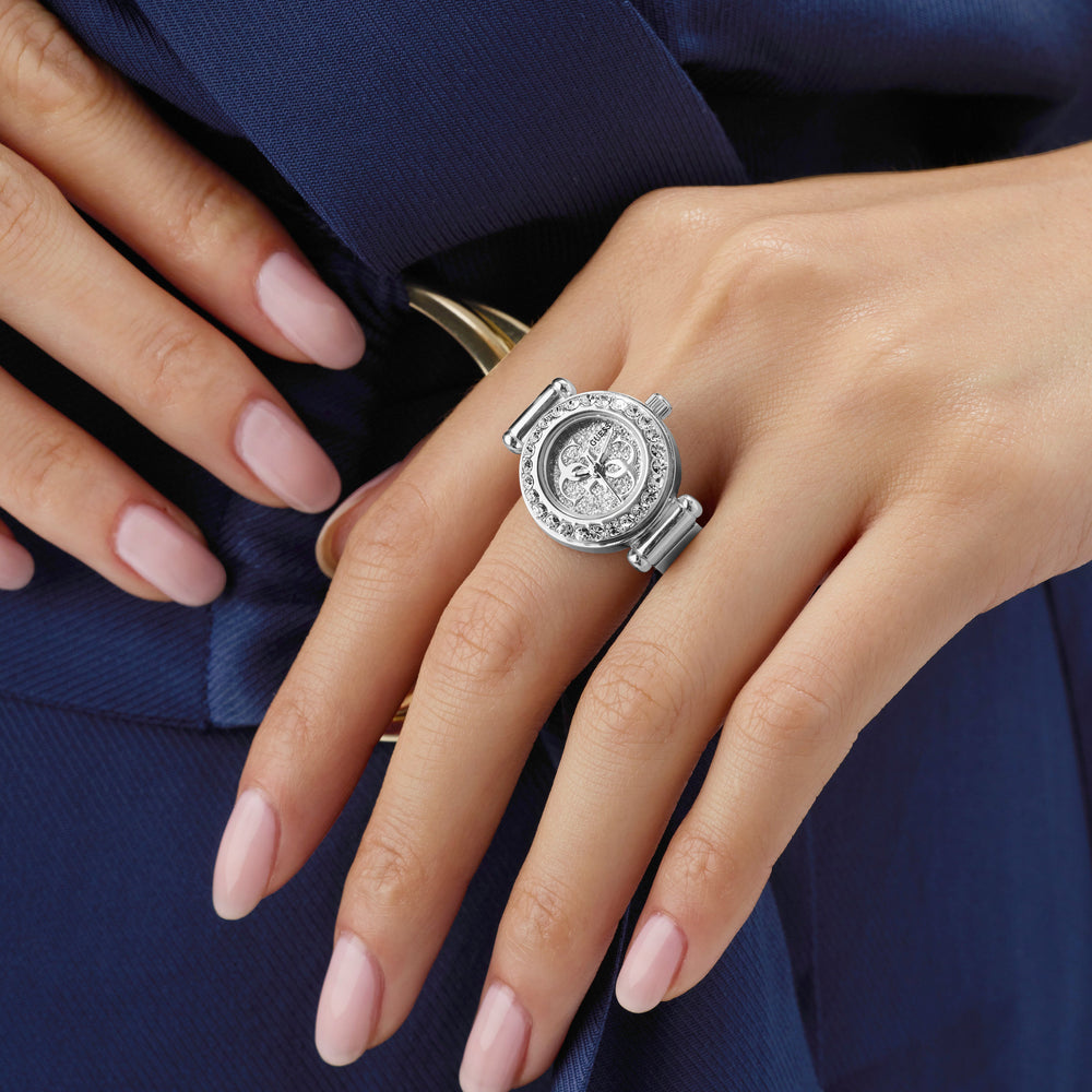GUESS Ladies Large Anna Silver Tone Analog Watch Ring