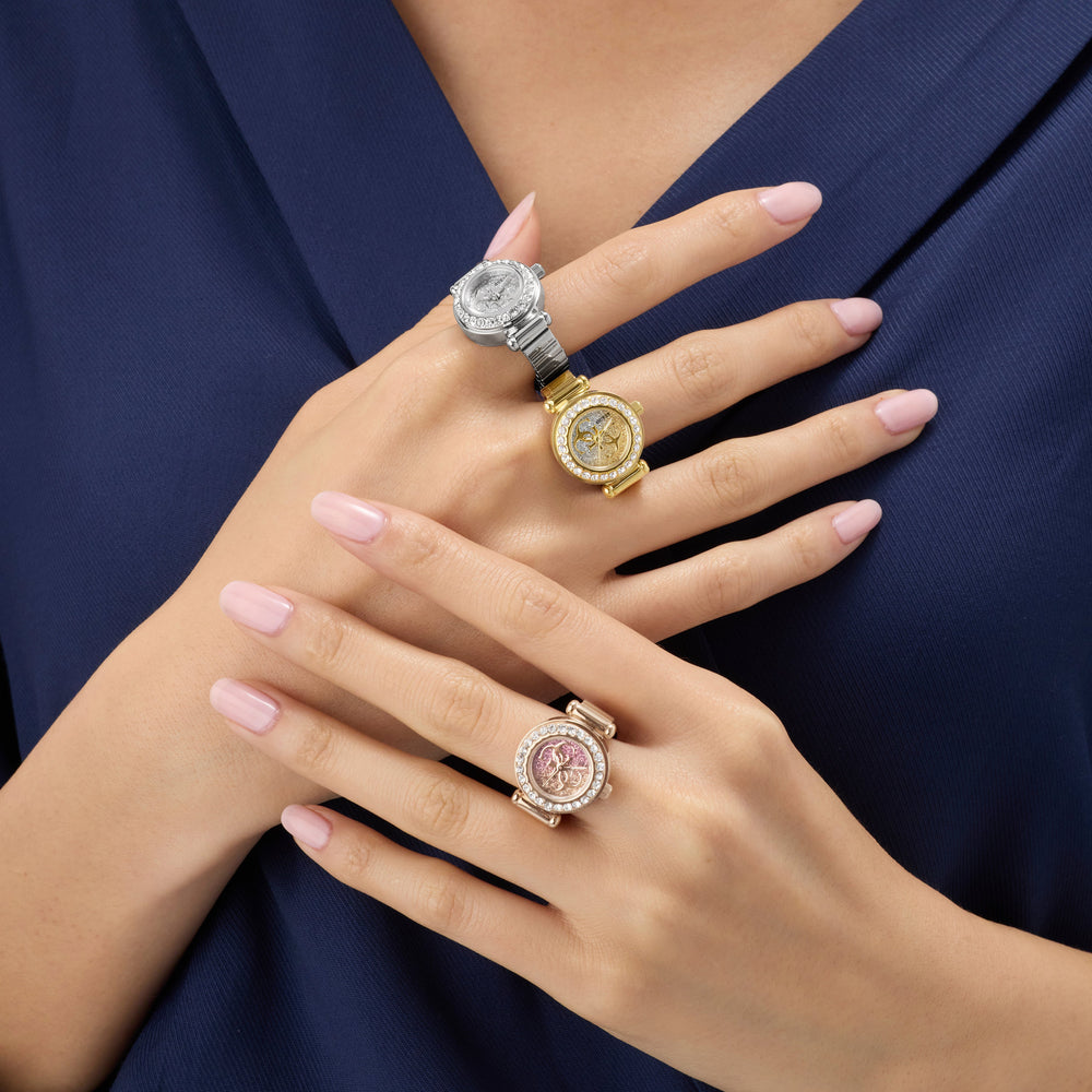 GUESS Ladies Large Anna Silver Tone Analog Watch Ring