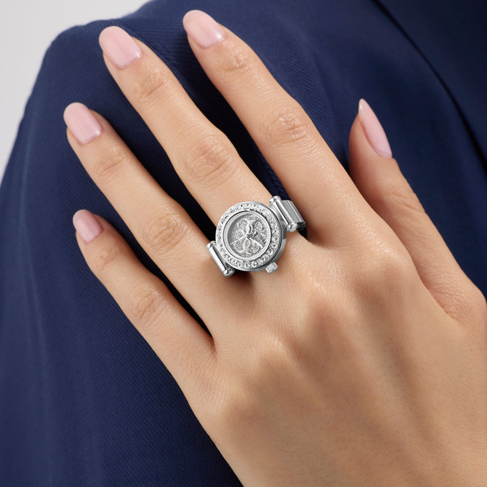 GUESS Ladies Large Anna Silver Tone Analog Watch Ring