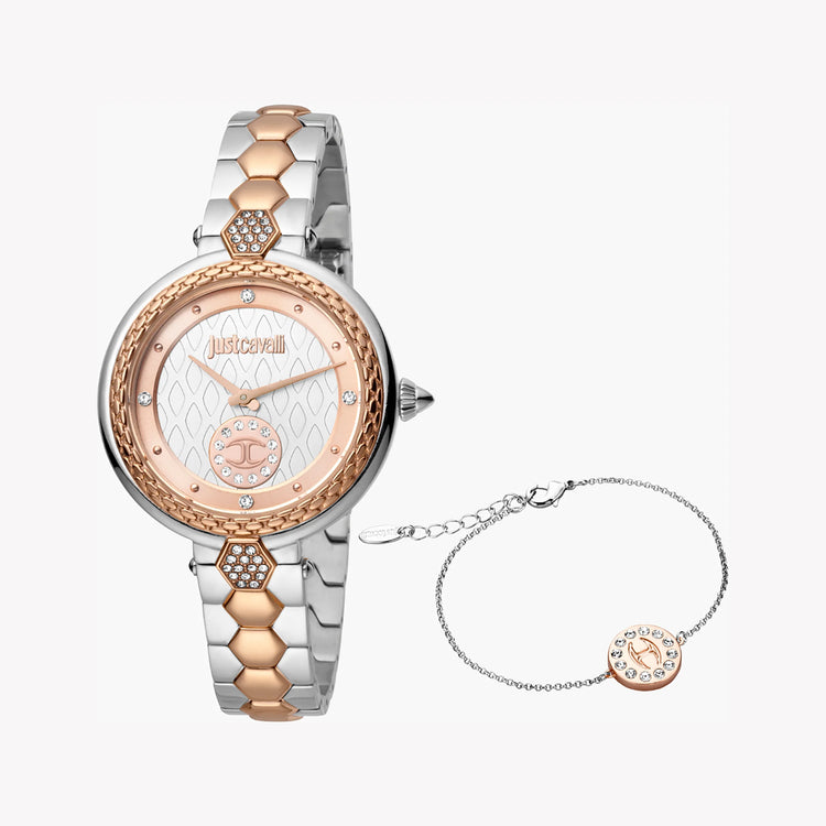 JUST CAVALLI Women's Watch with Silver Stainless Steel Case and Silver & Rose Gold Stainless Steel Band