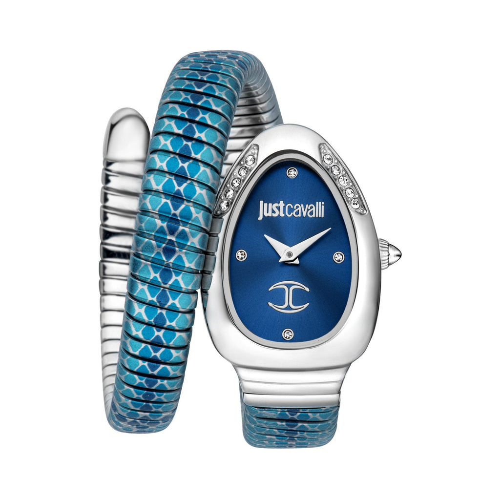 JUST CAVALLI Women's Watch with Silver Stainless Steel Case and Silver & Baby Blue Stainless Steel Band